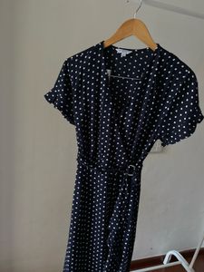 V-neck Blue Dot Wrap Cotton MIDI Dress