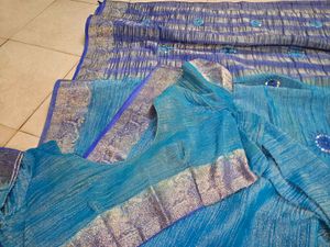 Blue Crepe Saree With Blouse