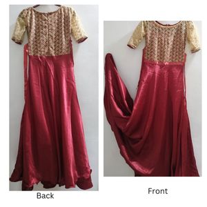 Maroon Satine Long Gown With Golden Net.