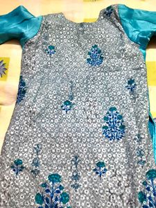 Elegant Blue Embroidered Kurti with Cutwork Hem
