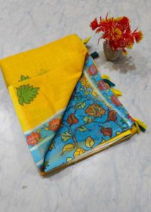 Yellow &amp; Blue Floral Linen Saree
