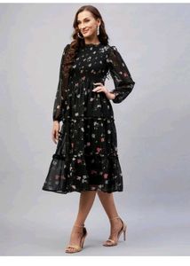 Full Sleeve Midi Length Black Floral Dress By RARE