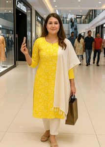 Yellow Printed Kurta with Pure White Dupatta-New