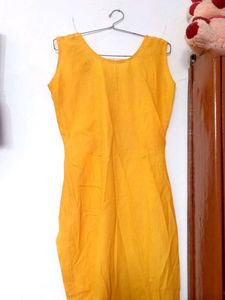 Yellow Embroidered Sleeveless Kurti