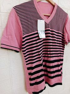 Pink Striped V-Neck Top