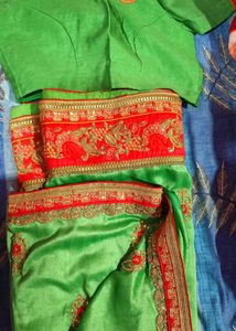 Green Saree With Red Velvet Border And Blouse