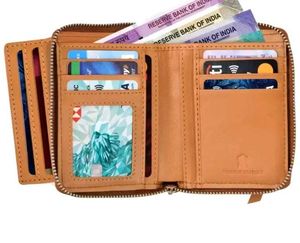 New Mens Tan Trendy Zipper Genuine Leather Wallet