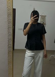 Black Sheer Chiffon Pleated Tops