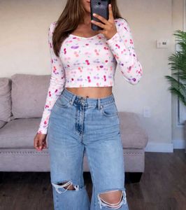 Cherry Print Long Sleeve Crop Top