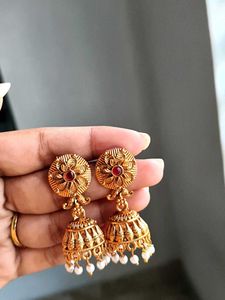 Beautiful Traditional Golden Jhumka With Red Stone