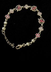 925 Silver  Floral  With Dark Pink Stone Bracelet