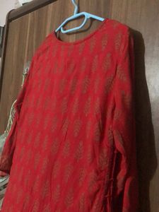 Red &amp; Gold Print Kurti Set