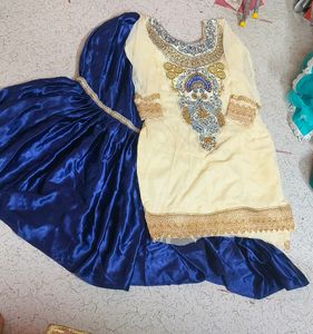 Navy Blue Satin Lehnga And Cream Kurti