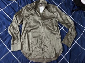 H&M Satin Olive Green Shirt- New With Tag-l
