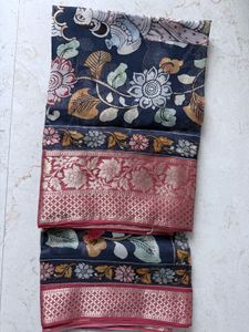 Kalamkari Organza Blue Boarder Saree