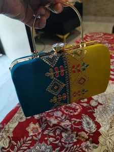 Lime Green Embroidered Hand Clutch With Sling