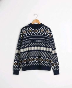 Stylish Patterned Knit Sweater_Navy Blue