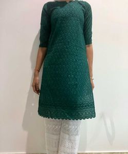 Teal Kurta and White Plazzo Chikankari Set
