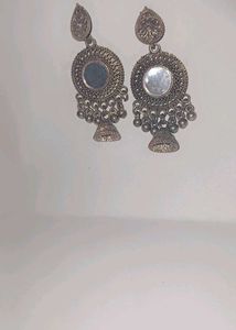 Boho Silver Tone Mirror Jhumka Earrings
