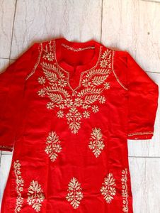 Beautiful Embroidered Red Cotton Kurti♥️