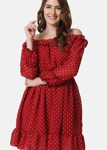 Maroon &amp; White Off-Shoulder Georgette Empire Dre