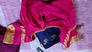 Elegant Blue &amp; Pink Sari with Gold Detail