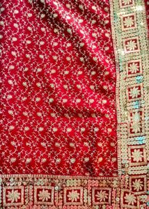 Red &amp; Gold Embroidered Fabric Saree