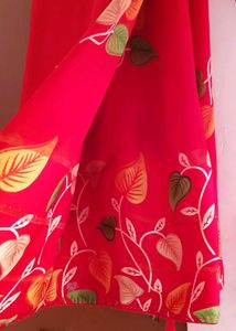 Red Leaf Print Saree with blouse piece unused