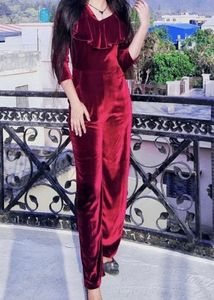 BURGUNDY VELVET RUFFLES JUMPSUIT