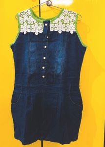 Denim Mini Dress with Lace Detail