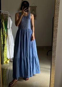 GOA PARIS Blue Linen Cotton Fit&Flare MAXI