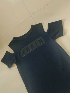 Navy Blue Cold-Shoulder T-Shirt with "TRAIN" Print