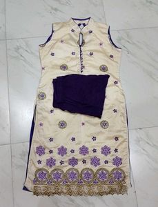 Elegant Cream &amp; Purple Embroidered Kurta Set 💜