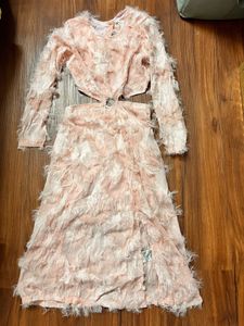 Brand New Peach Feather-Detail Cut-Out Dress