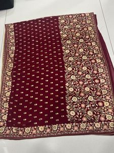 Maroon Embroidered Sarees With Ready Blouse