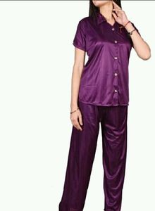 Solid Purple Satin Nightsuit For Women