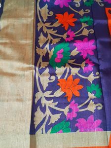 Bright Orange And Navy Blue Combination Almost NEW Art Silk Saree.