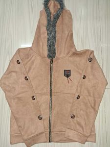 Faux Fur Trim short Hoodie in tan color