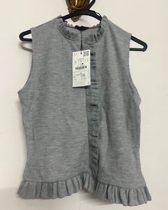 Zara Gray Ruffle Trim Top