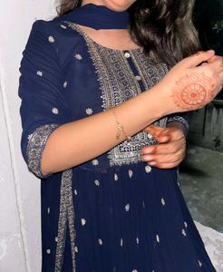 Navy Blue Embroidered Suit Set
