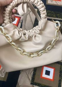 Beige Ruched Handle Chain Bag