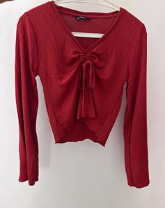 Rust Ribbed Long Sleeve Tie Top