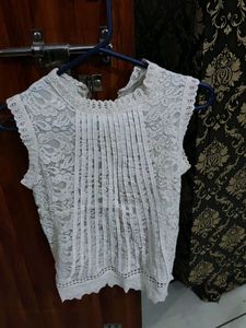 Cream Lace Pleated Tank Top