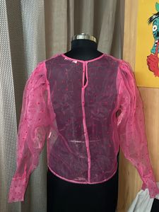 Pink Sheer Top With Puffy Sleeve