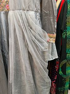 DESIGNER EMBROIDED SILK GOWN WITH SIDE FRILL NET