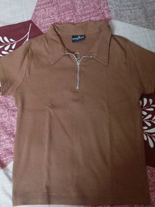 Brown Zipper Polo Top