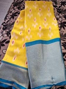 NEW Yellow Chiffon Saree With Golden Tissue Border