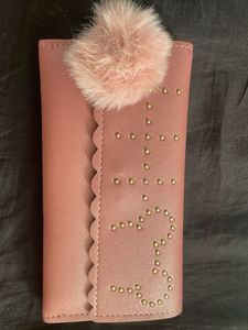 Chic Mauve Studded Wallet with Furry Pom-Pom