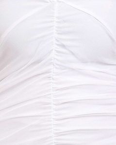 Deep V-Neck Front Ruched Mesh Sleeves A-Line Dress