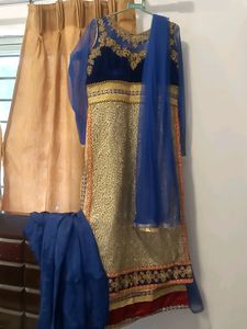 Velvet Karachi Gown ..heavy Work On Neck Double Layered Top Pant N Dupatta